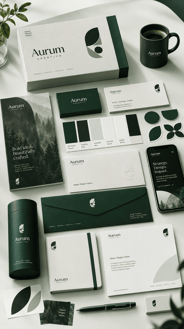 Aurum Creative identity materials arranged on a warm studio surface